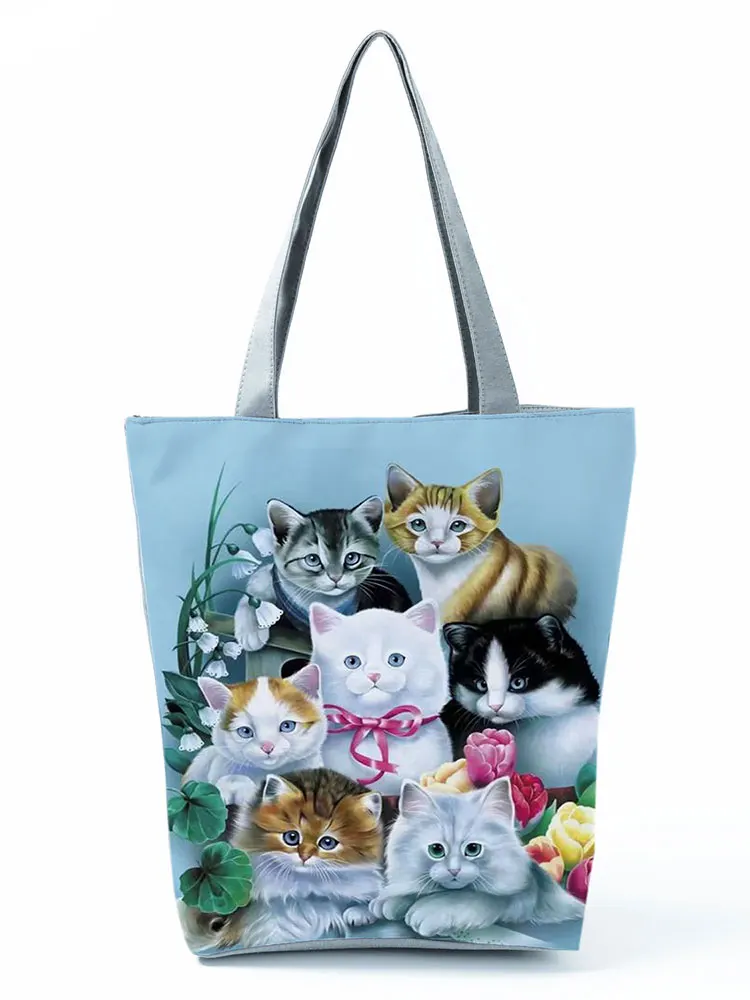 Hipster Cute Cat Family Printed Women\'s Shoulder Bag Lazy Style Practical Handbag Foldable Large Female Polyester Shopping Bags