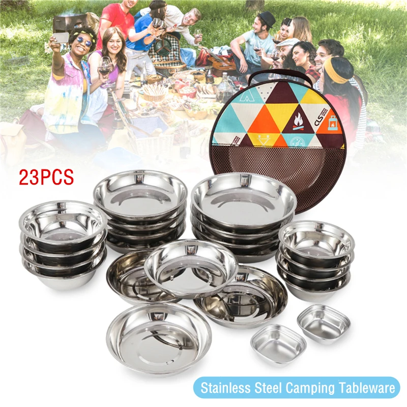 

23Pcs Portable Stainless Steel Tableware Barbecue Picnic Plate Bowl Dinnerware for Outdoor Camping