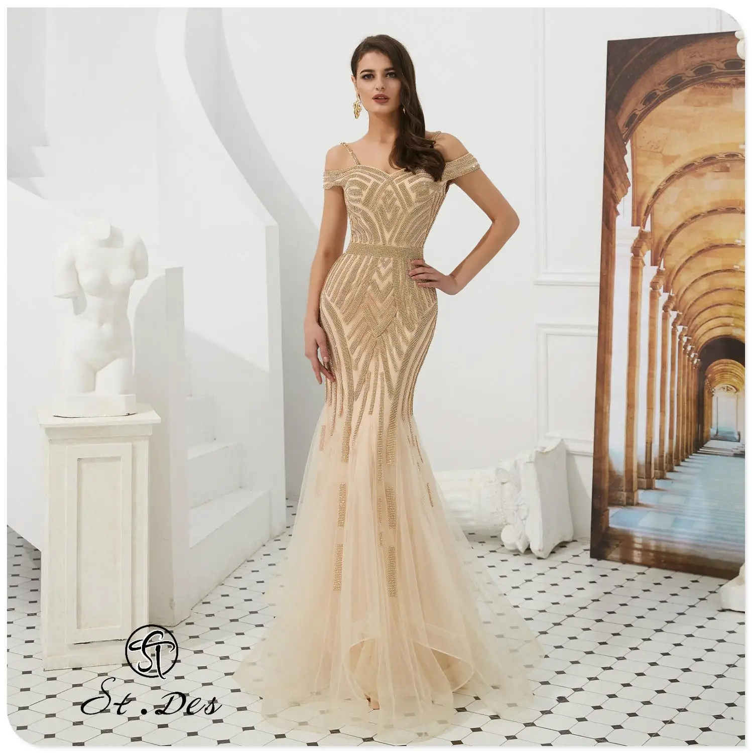 

NEW 2020 St.Des Mermaid Boat Neck Russian Champagne Beading Mid-sleeve Designer Floor Length Evening Dress Party Dress