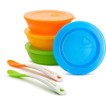 

Munchkin set of bowls with lids and 2 spoons. 6 +