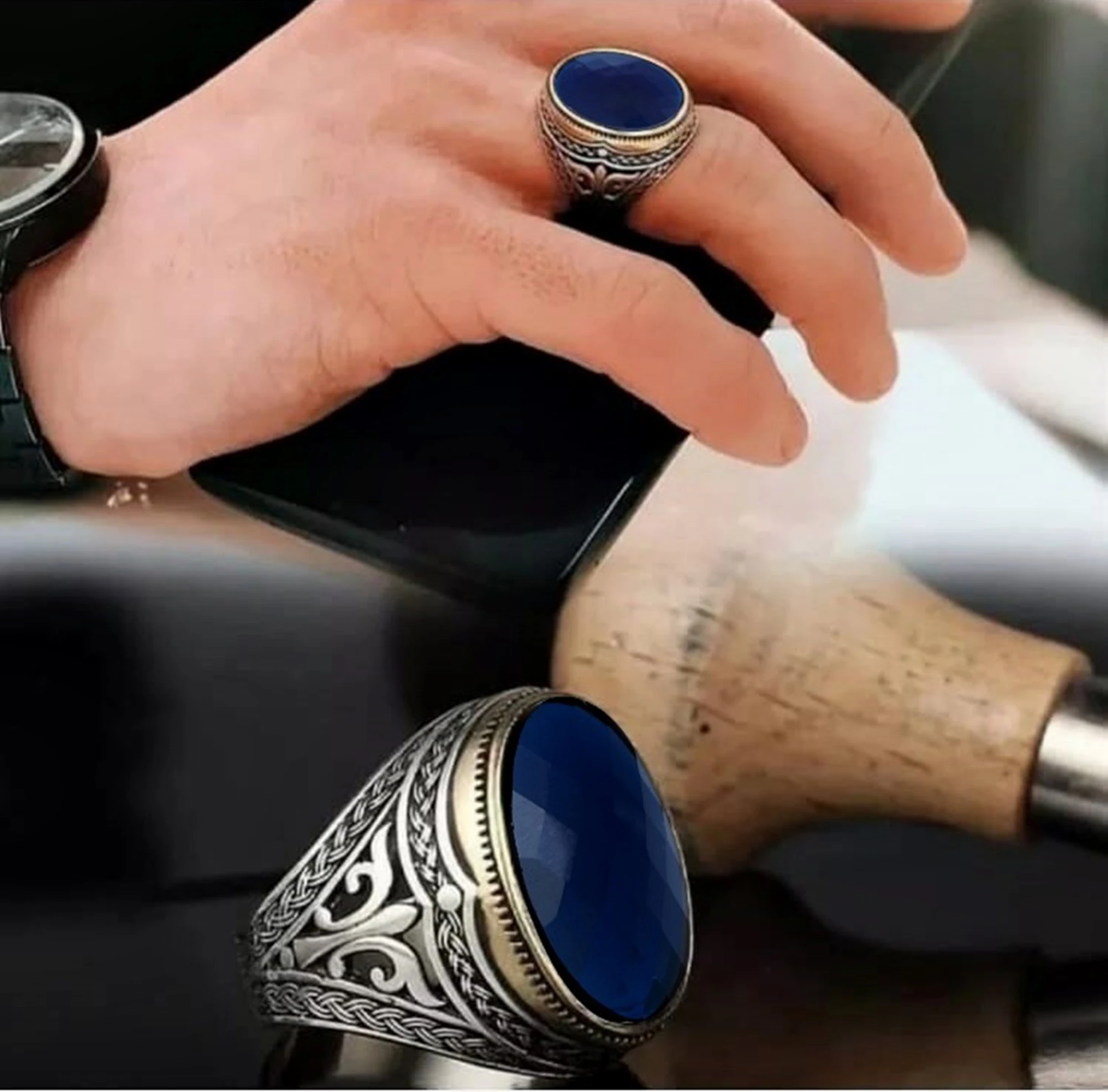 Productiviteit buik begin 925 Sterling Zilveren Turkse Handgemaakte Sieraden Blauwe Saffier Heren Ring|Ringen|  - AliExpress