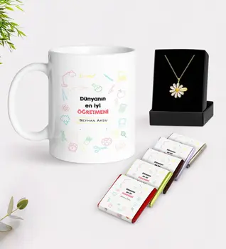 

Personalized World Best Teacher White Mug Chocolate and Is Daisy Necklace Gift Seti-14