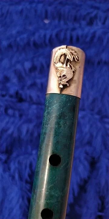 Natural Jade Armor Tibet Silver Hand Carved Dragon & Phoneix Pattern Flute