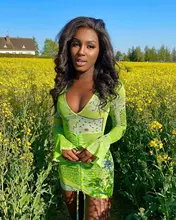 NIBBER-Vestido corto informal de neón con manga larga para verano, minivestido Sexy con estampado Retro para mujer, escote en V, 2021