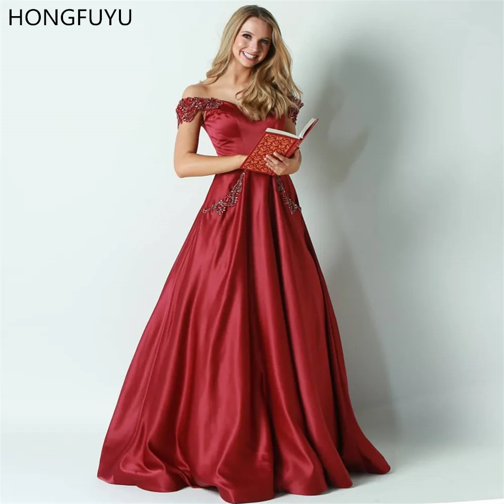 

HONGFUYU Off Shoulder Evening Dresses A-line Satin Robe De Soiree Prom Dress 2019 Party Gowns with Beading Pockets Abendkleider