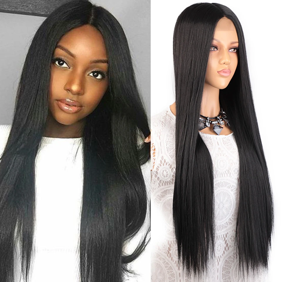 

Stamped Glorious Long Straight Black Wig Synthetic Long Black Wigs for Women Natural Middle Part Wig Heat Resistant Fiber