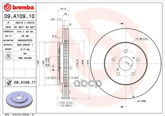 Диск Тормозной Передн Toyota Harrier(Mhu3_, Acu3_)(10/03-) F / Lexus Rx(Mcu_)(04/03-) F Brembo арт. 09.A109.11