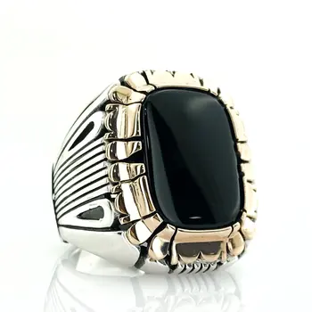 

Square Custom Size Oltu Stone Design Sterling Silver Men 'S Ring