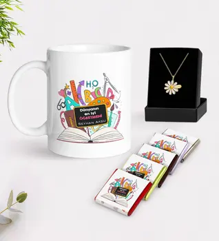 

Personalized World Best Teacher White Mug Chocolate and Is Daisy Necklace Gift Seti-16