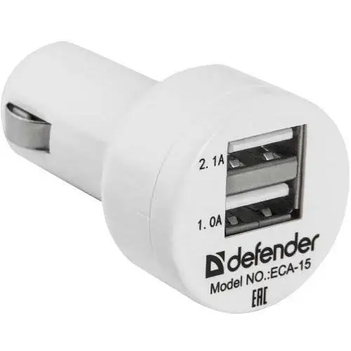 Автомобильный адаптер питания Defender ECA-15 зарядка 2А 2 USB-порта, белый