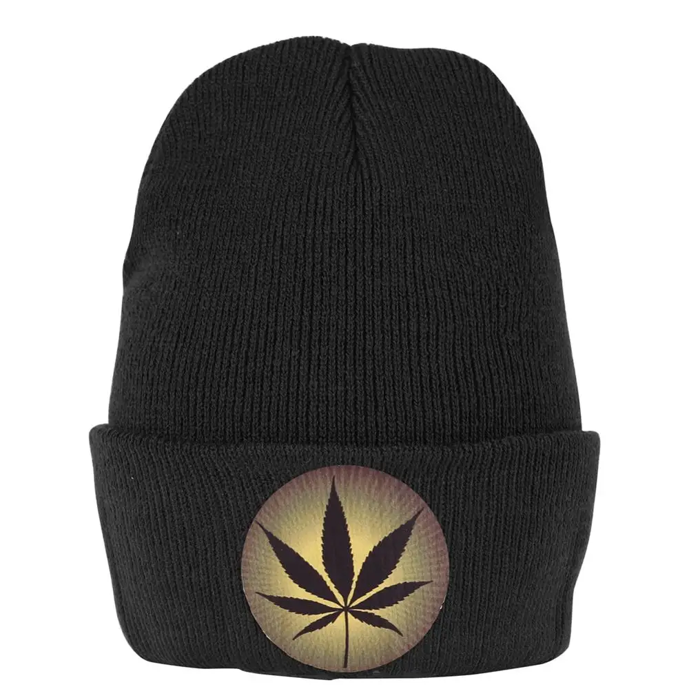 Черная Шапка бини с принтом логотипа марихуаны вязанная крючком шапка Skullies