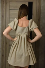 Ladies Dress Puff-Sleeve Square Collar Linen Khaki Vintage High-Waist Casual Summer Women