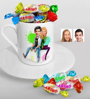 

Personalized Valentine Caricature Of Turkish Coffee cup And Haribo Candy Gift Seti-35