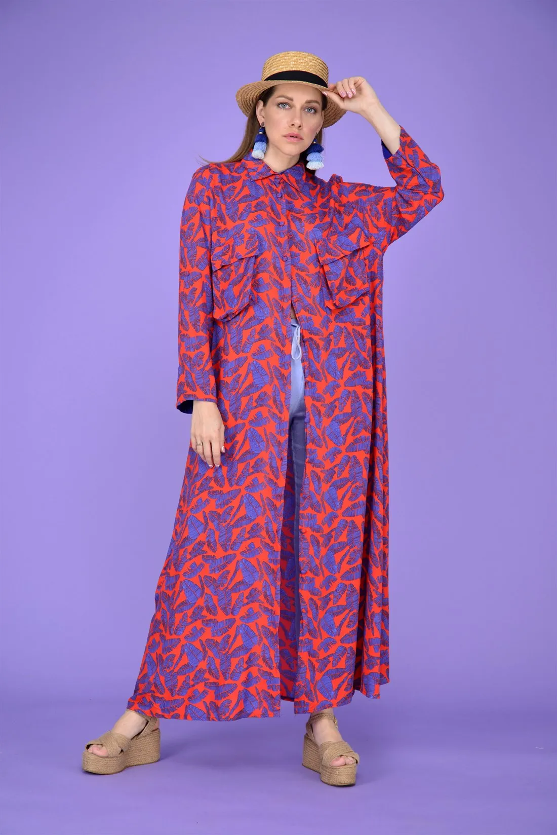 

Leaf Patterned Cotton Fabric Long Viscose Shirt Dress 2022 New Fashion Women's Summer Clothing Collections 2 Color Options