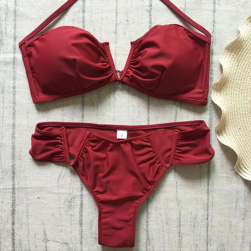 

Solid Women Deep V Triangle Push Up Bandeau Bikini Set, 2 Pieces Strappy Swimsuit Set
