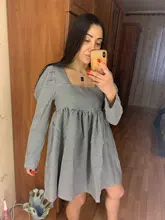 Plaid Dress Puff-Sleeve Square Collar Bclout Black White Sexy Vintage Autumn Casual Woman