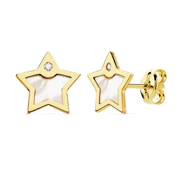 

Gold earrings 18k Women 8mm. Star fund nacre smooth edge tip cubic zirconia close pressure