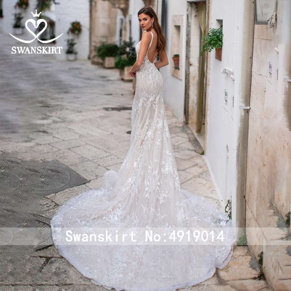 Аппликации Русалка свадебное платье Swanskirt K312 v-образным вырезом бисером кружева невесты платье Вышивка спинки суд Поезд Vestido de Noiva