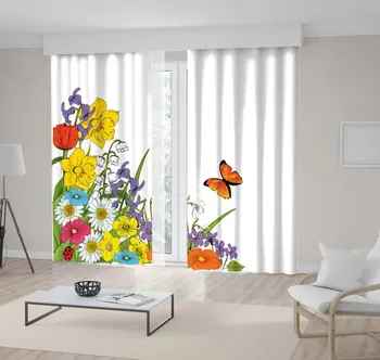 

Curtain Wildflowers Daisies Ladybug Butterfly Spring Meadow Nature Painting Green Yellow Orange Purple