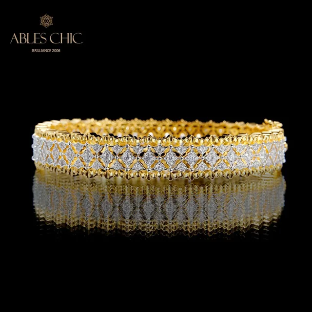 Solid 925 Silver Renaissance Honeycomb Lacy Wedding Bangle 18K Gold Tone Starry Floral Wide Bracelets C11B2S25863 6
