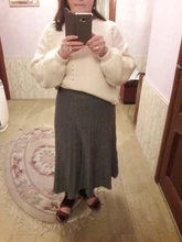 Knitted Skirt Pleated A-Line Midi Elegant Knee-Length Autumn Winter Korean Women High-Waist