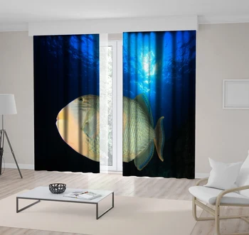 

Curtain It is Triggerfish Tropical Underwater Wild Animal Ocean Nature Photo Printed Blue Black Beige