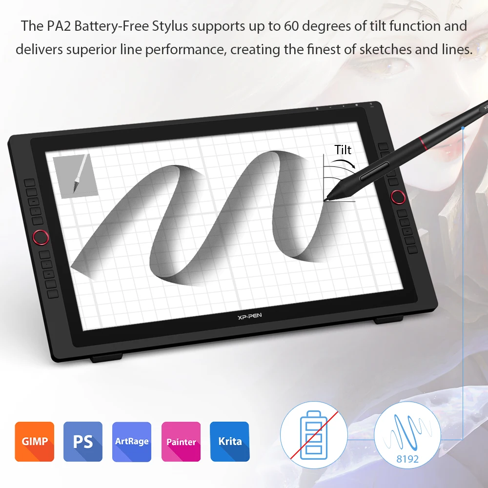 XP-Pen Artist 24 Pro 23.8 inch Drawing Graphics Tablet Pen Display Monitor 8192 Pen Pressure 2K QHD Tilt-Support Battery-Free