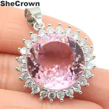 30x25 мм красивая круглая форма создан розовый кунцит Белый CZ женский серебряный кулон