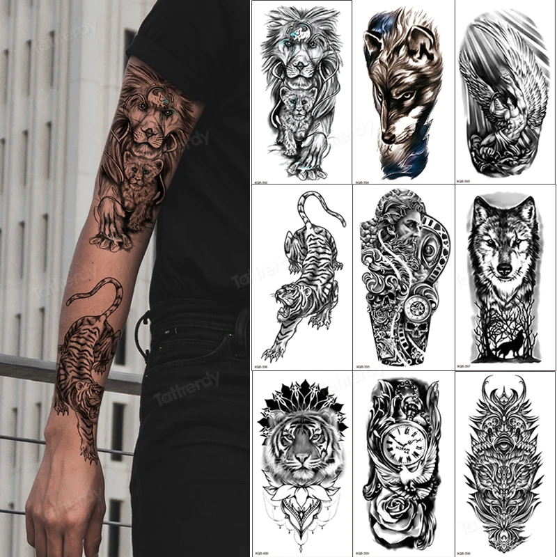 10Pcs/Lot men temporary tattoo sticker black tiger lion king wolf forest  tattoo body art arm sleeve sexy tattoo fake waterproof|Temporary Tattoos| -  AliExpress