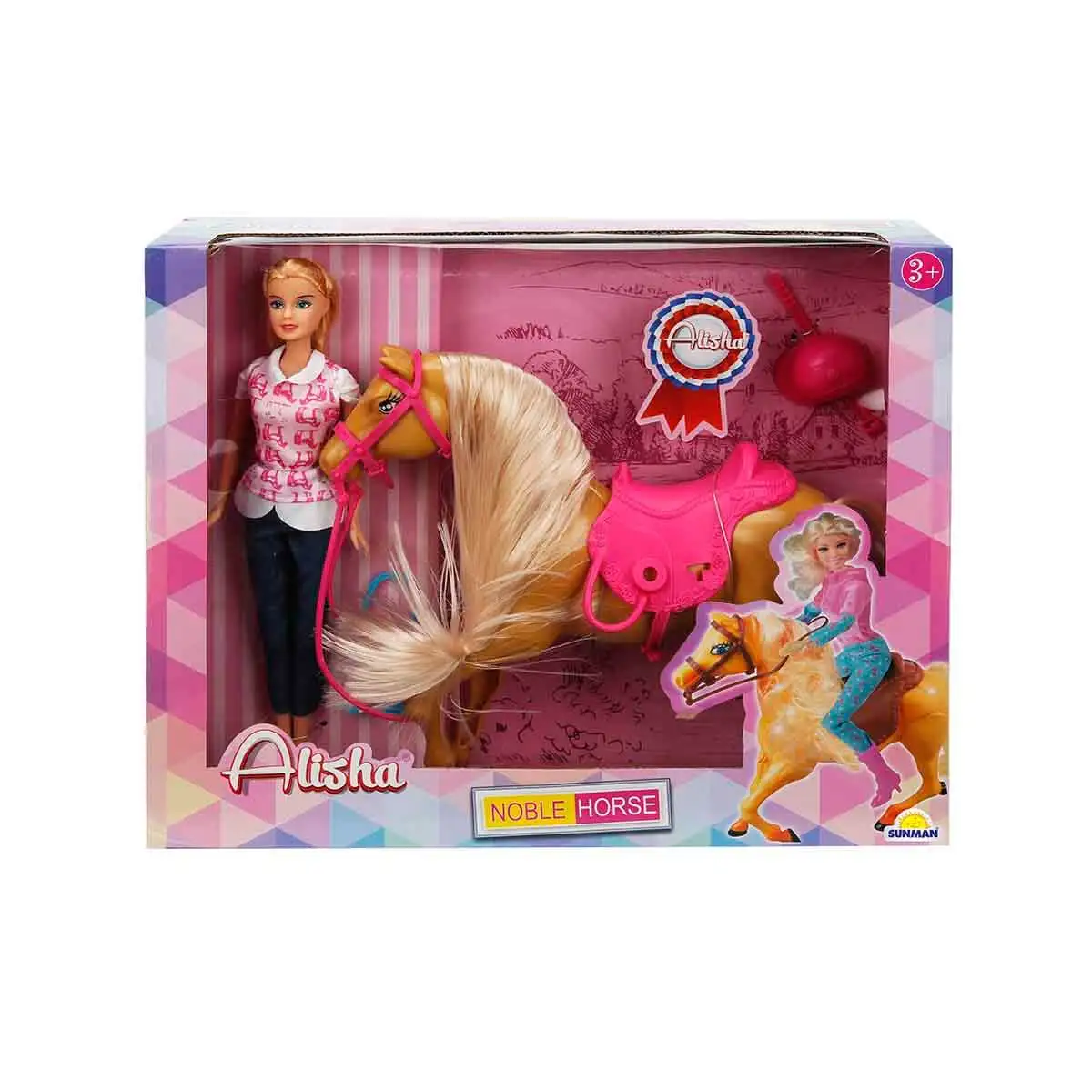 

Get ready for fun with the Alisha and her Horse playset. There are 1 Alisha doll, 1 horse, and saddle, 1 helmet,1 riding cane.