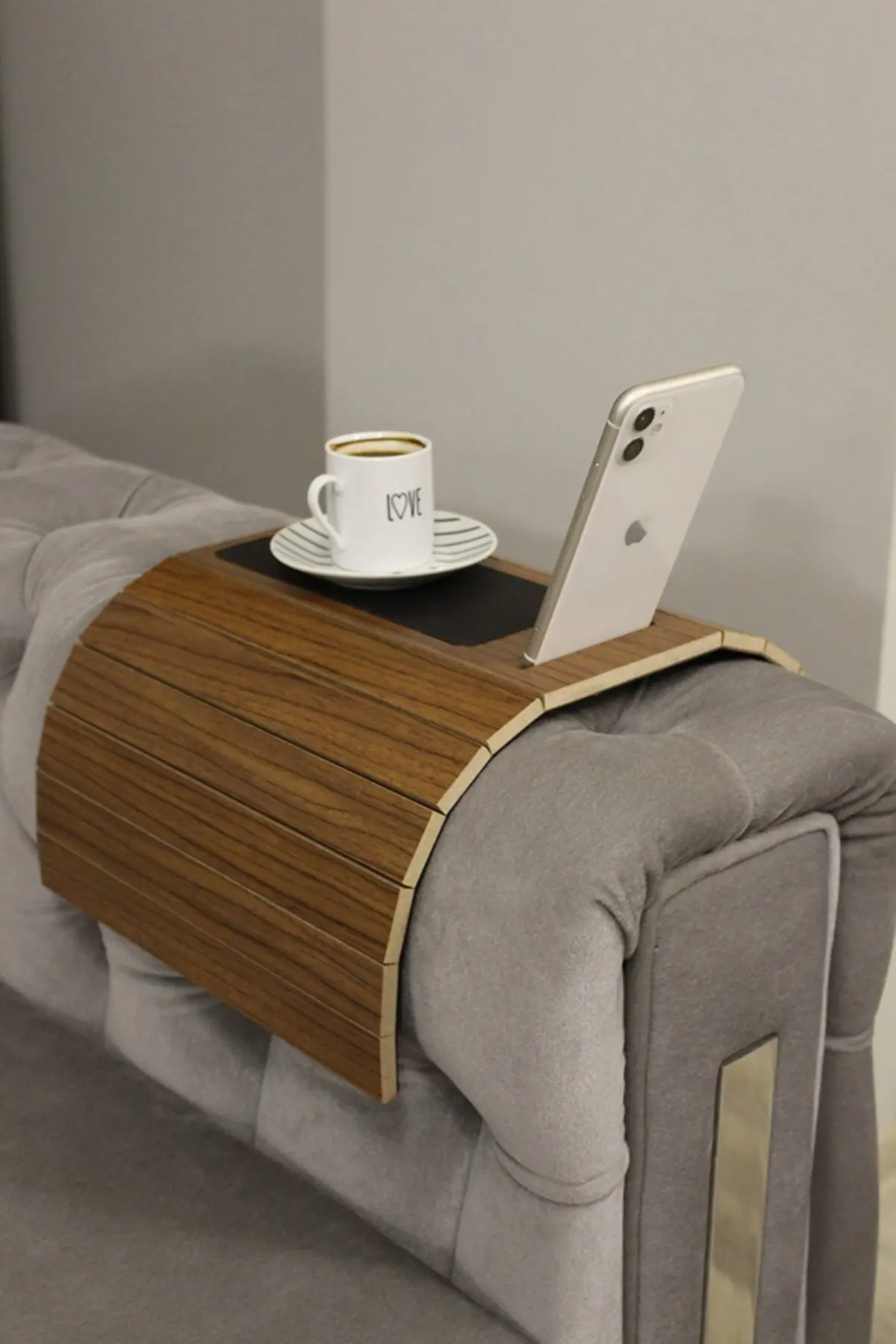 Wooden Side Table With Phone Stand Sofa Tray Mat 50x28 cm Placemat Center Leather Decorative Armrest  Non Slip Folding Design