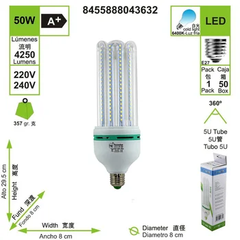 

BOMBILLA LED 5U TUBO E27 6400 K LUZ FRÍA 50 W