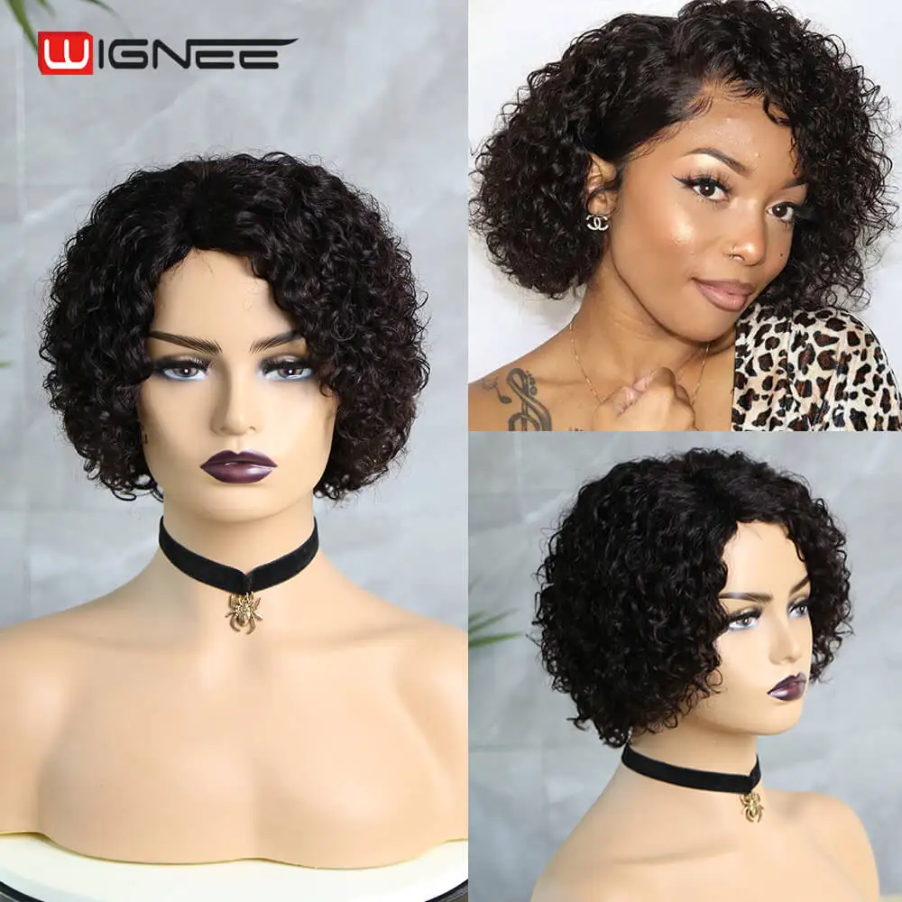 Wignee Short Curly Wigs Pixie Cut Wig Colored Bob Curly Human Hair Brazilian Hair For Black Women Side Part Bob Hairstyle