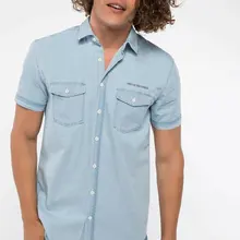 Дефакто модная мужская повседневная синяя рубашка с отворотным воротником, короткий рукав, двойные нагрудные карманы, однотонный мужской топ, Shirt-I8487AZ18HS-I8487AZ18HS