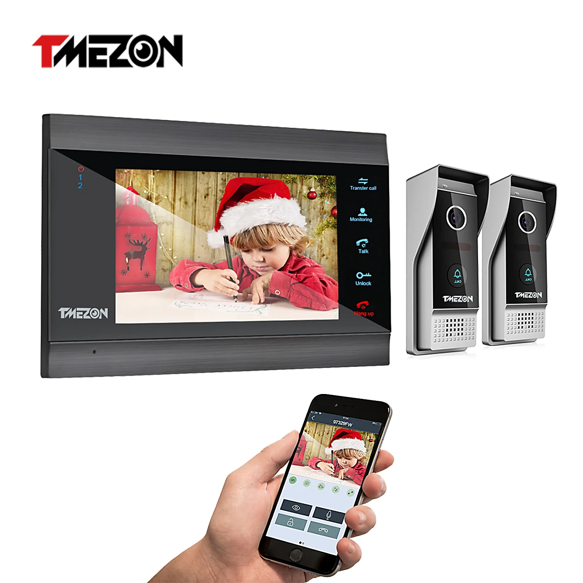 TMEZON 7 Inch Wireless/WIFI Smart IP Video Doorbell Intercom System with 1 Night Vision Monitor + 2 Rainproof Door Phone Camera audio only intercom