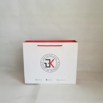 

Wholesales 500pcs/lot Reusable White Matte Laminated Paper Shopping Bag with Red Sides Luxury Kraft Bag for Gift Packaging