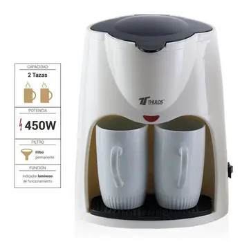 

THULOS, Drip top coffee maker, include 2 porcelain mugs 0.30L each one. It has 450W power and indicator pilot light.