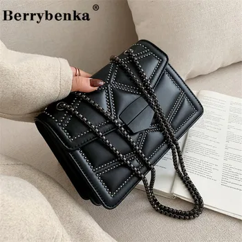 

Berrybenka Luxury Rivet Chain Brand Designer PU Leather Crossbody Bags For Women 2021 Simple Fashion Shoulder Bag Lady Handbags
