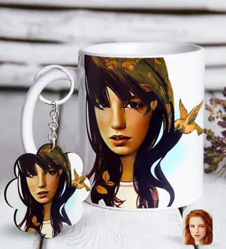 

Personalized Women 'S Artistic Portrait Design White Mug and Keychain Gift Seti-2