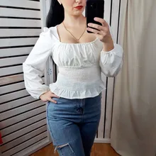 Short Blouses Womens Tops Long-Sleeve Vintage Square-Collar Casual Simple New Bow Solid