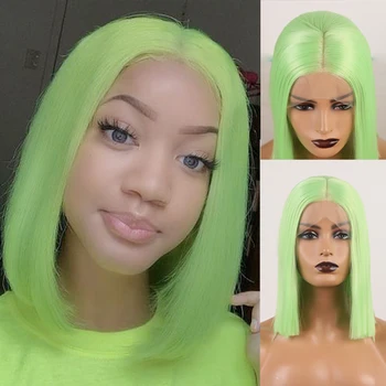

RONGDUOYI Heat Resistant Middle Part Cosplay Wig Short Bob Hair Green Wigs Women Synthetic Lace Front Wig Natural Hairline Hair