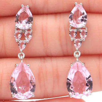 

36x10mm SheType 5.6g Luxury Created Pink Kunzite Gift Girls 925 Solid Sterling Silver Earrings