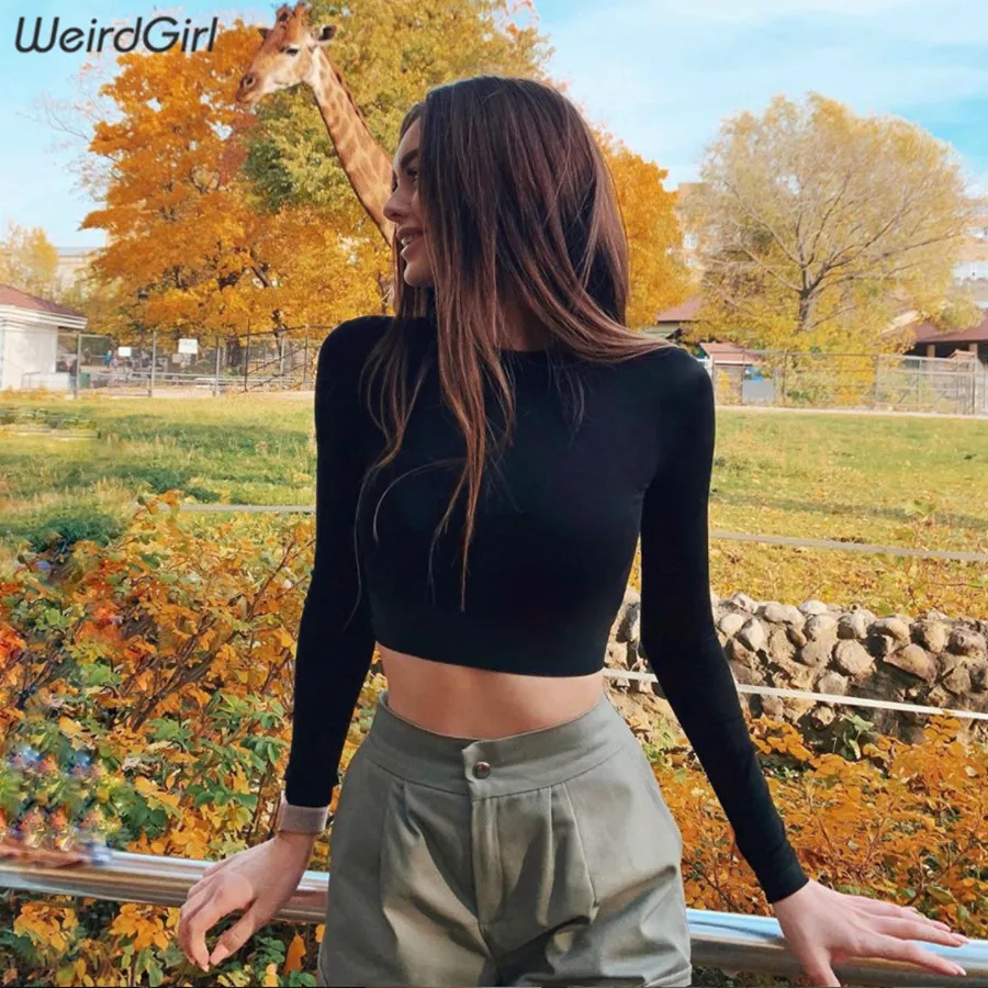 Weirdgirl womem хлопковые тонкие футболки с длинным рукавом, однотонные белые уличные тянущиеся футболки, Короткие топы, женские рубашки Harajuku