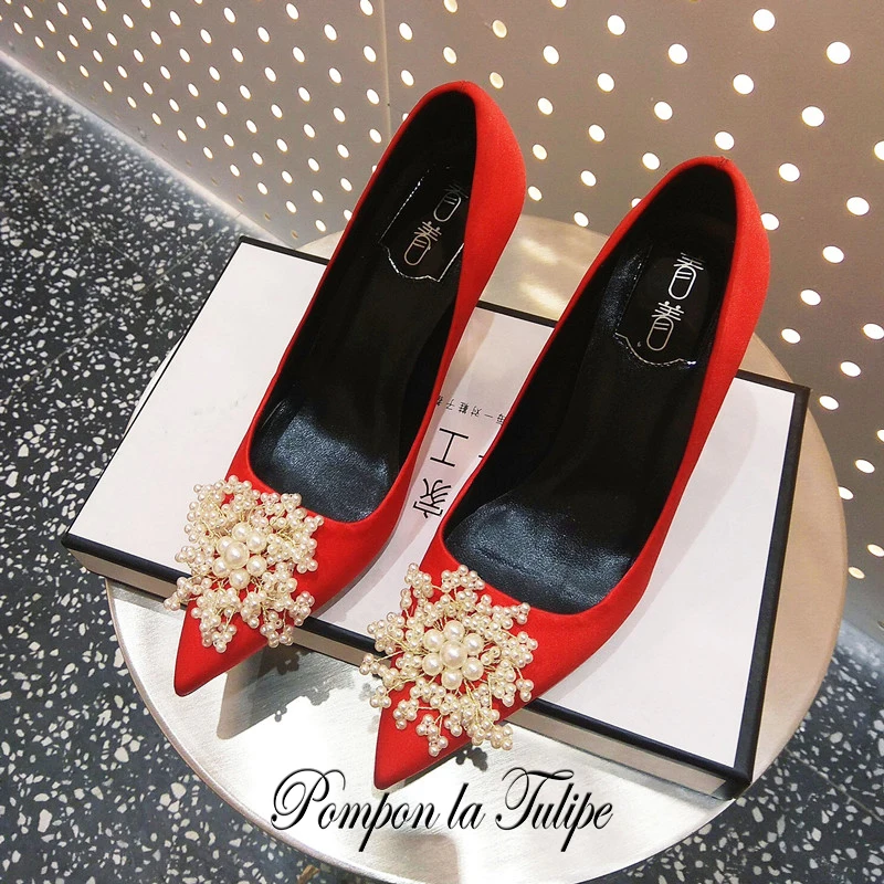 

MNK 930010 Spring Pearl Shiny Elegant Pointed Toe Sheepskin Pumps 6/9CM Chic Stilettos Stylish Fancy Party Wedding Women Shoes