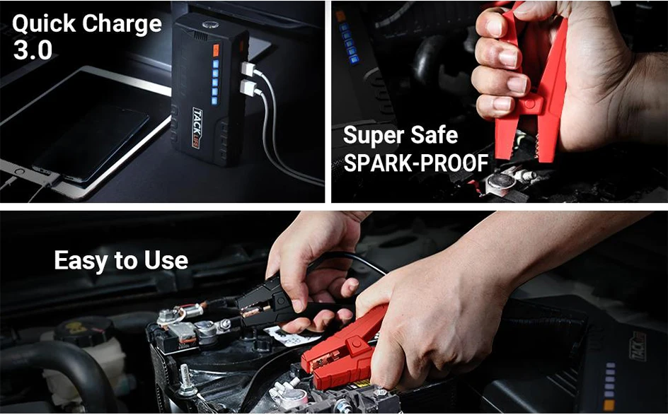 portable car jump starter TACKLIFE T6 Car Jump Starter 18000mAh 800A Power Bank Dual USB (5V/9V) Outputs Car Emergency Booster Battery 3-modes LED Lights noco gb40