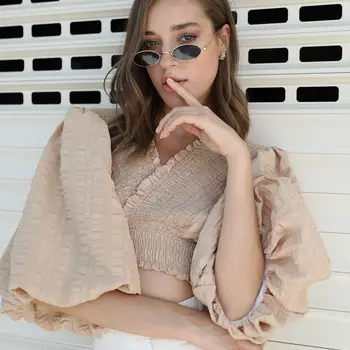 Womens Blouse Balloon Sleeve 여름 패션 티셔츠 코튼 2022 New Collection Streetwear 백리스 크롭 탑 스트랩 캐미솔, 여성 블라우스 벌룬 슬리브 여름 패션 티셔츠