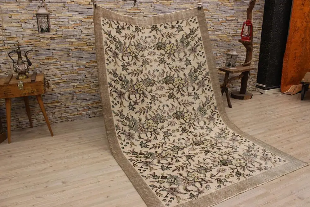 Ручной завязанный турецкий старинный ковер-бежевый цветочный коврик с рисунком