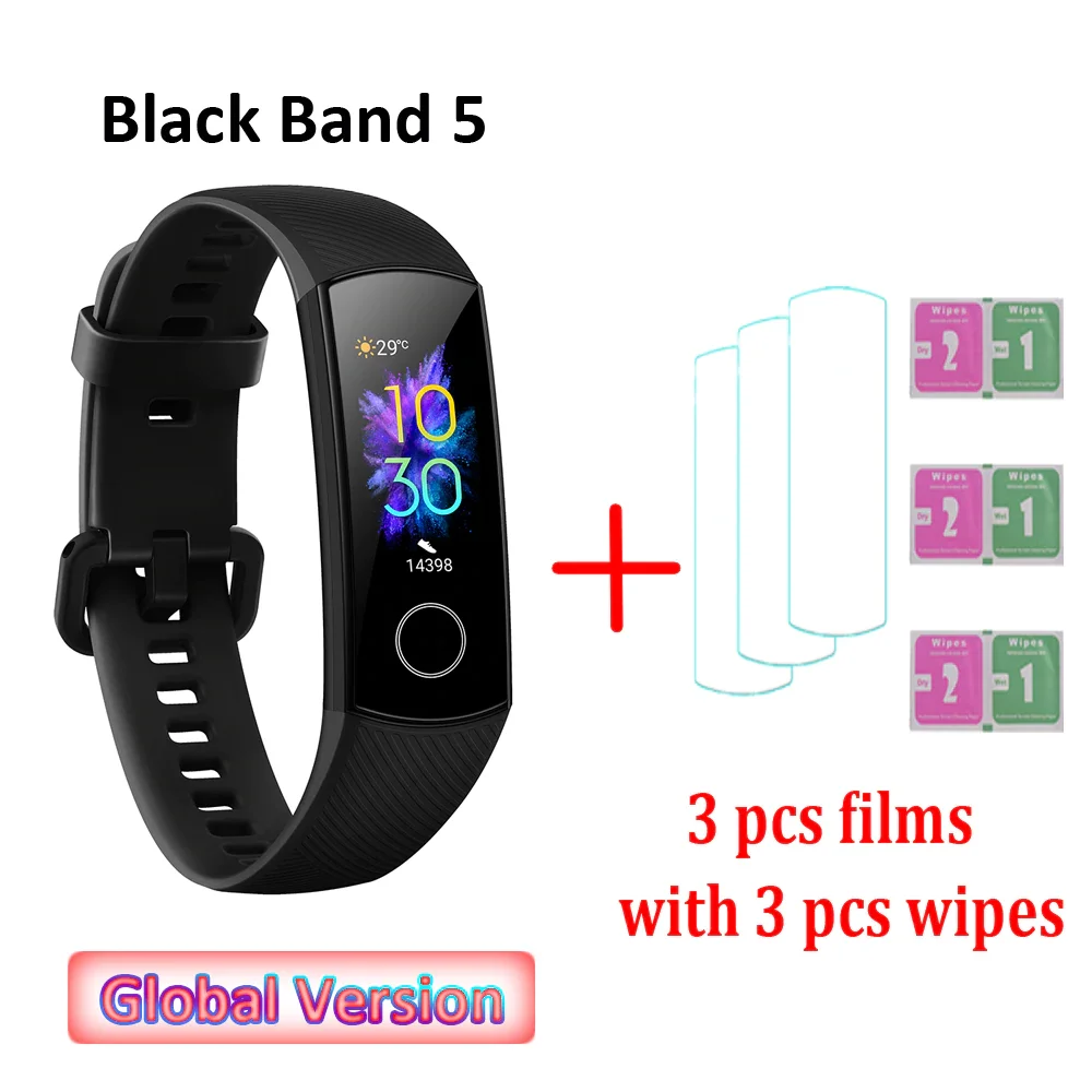 Global Versio huawei Honor Band 5 4, умный Браслет, умный браслет, шагомер, сенсорный экран, для плавания, сердечного ритма, сна, монитор - Цвет: Black with 3 films