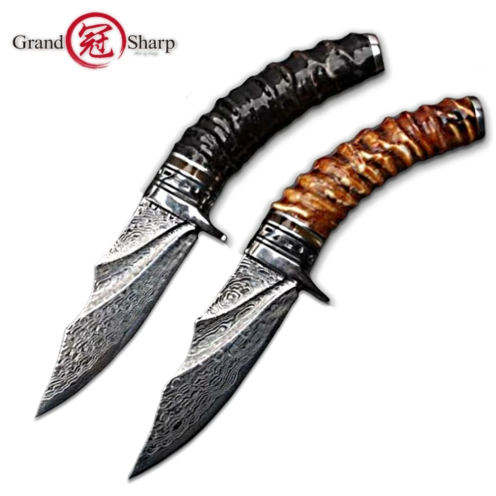 

Hunting Knife vg10 Damascus Steel Fixed Blade Camping Outdoor BBQ Tools Horn Handle Leather Scabbard EDC Fishing Slicing Knives