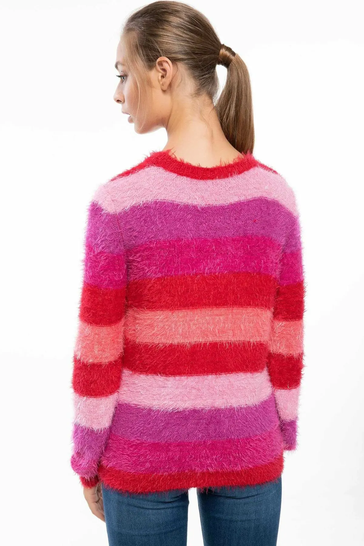DeFacto Women Turn-down Rainbow Color Striped Leisure Knitted Casual Long Sleeves Fashion Sweatshirts Female-J2209AZ18WN
